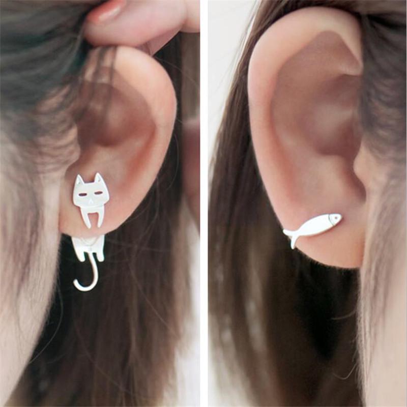 Korean Asymmetrical Catfish & Kitten Stud Earrings for Women