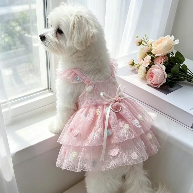 Sweet Lace Princess Dog Dress Thin Puppy Summer Clothes with 3D Floral Decor For Small Medium Cat Teddy Chihuahua Dog Clothes