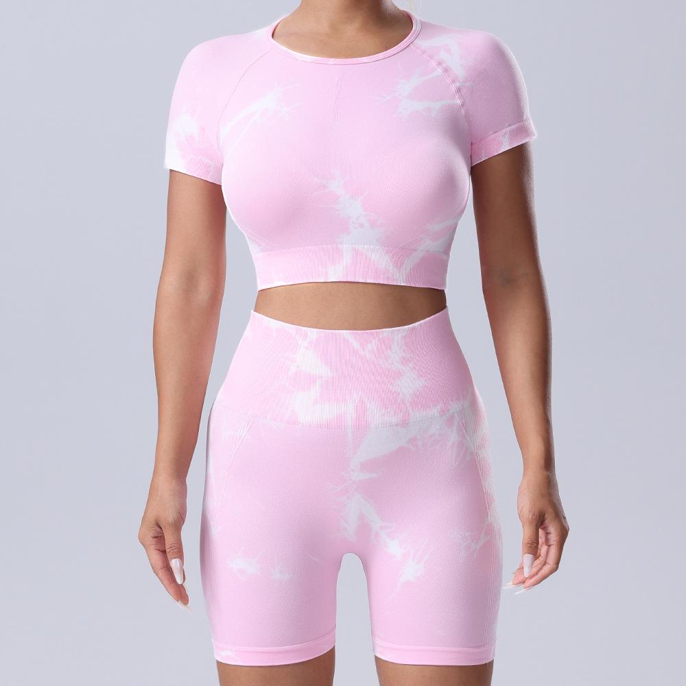 

Літній комплект для йоги тай-дай: Фітнес футболка з коротким рукавом та шорти з ефектом підтягування стегон Small рожевий