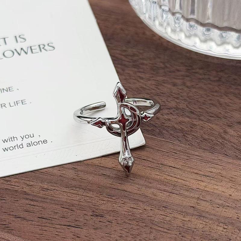Punk Spice Girl Red Cross Zircon Fashion Opening Ring Kusa Enamel Neutral Style Personality Simple Ring