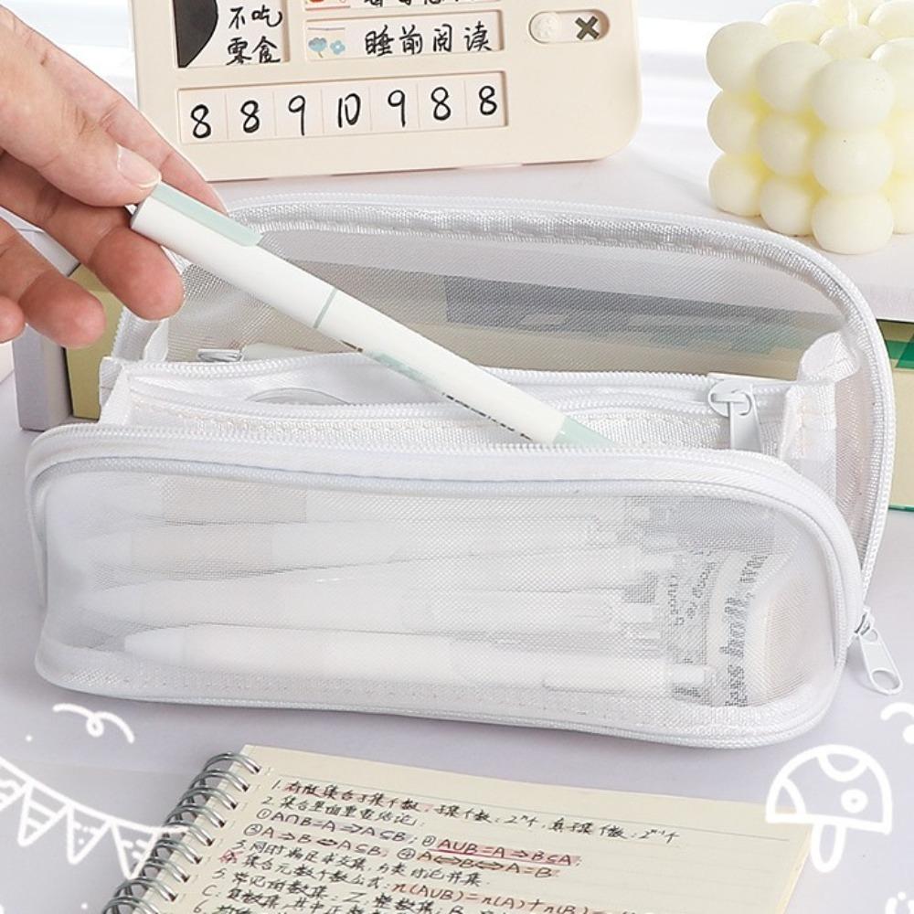 Cosmetics Storage Mesh Pencil Case Solid Color Stationery Storage Bag Creative Makeup Bag Gifts