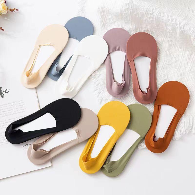 4 Paar Damen Flache Unsichtbare Eis-Seide Bootssocken Bonbonfarben Dünn Atmungsaktiv Silikon Rutschfest Baumwollsocken