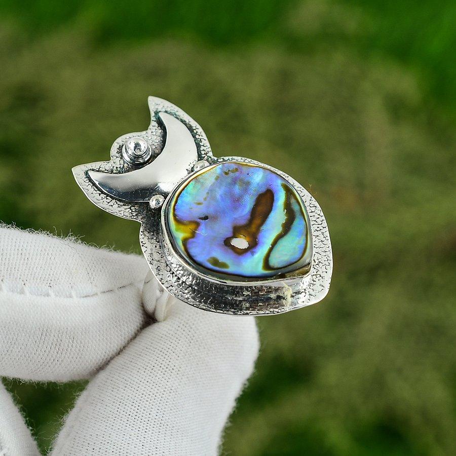 Natural Abalone Shell Multi Stone Crescent Moon Blue Adjustable Ring 925 Silver Adjustable