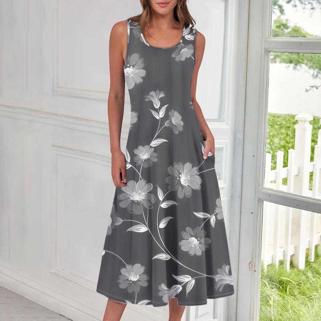 Women's Casual Fashion Floral Print Round Neck Sleeveless Midi Dress