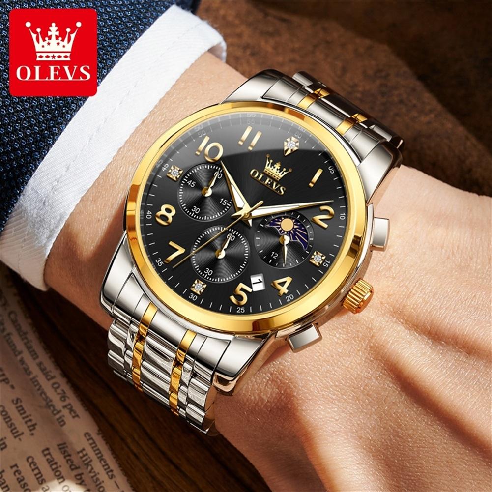 OLEVS Mulitifunction Quartz Watch for Men Original Stainless Steel Waterproof Luminous Chronograph Moon Phase Man Watch