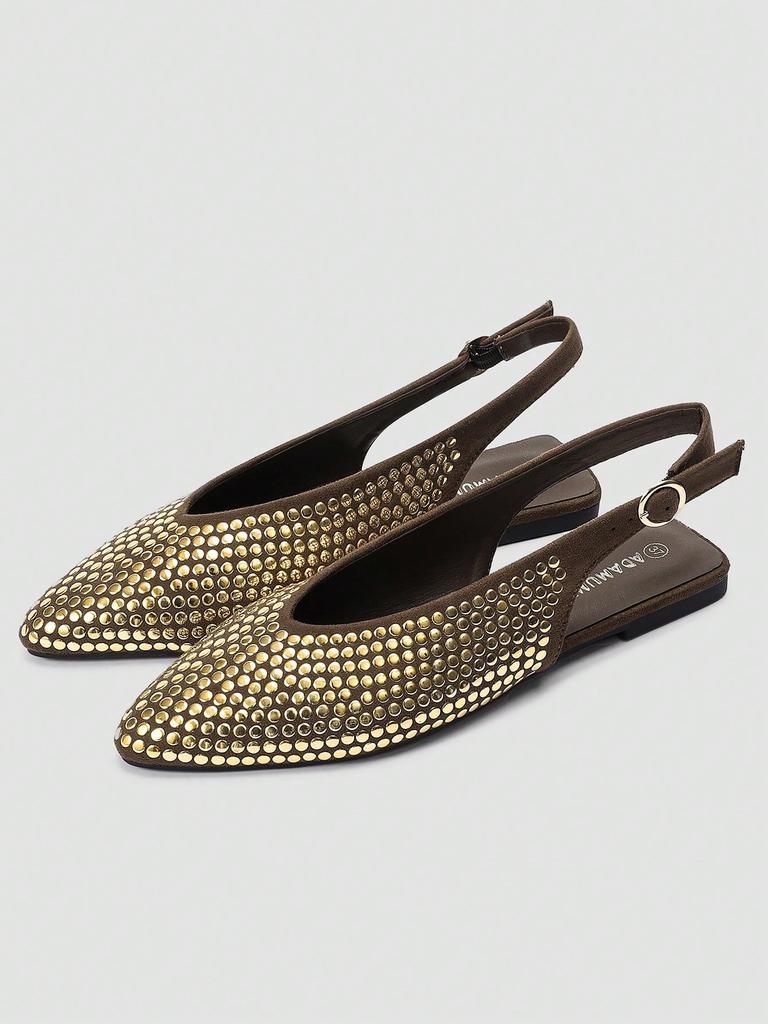 Women's ADAMUMU Black Pointed Toe Mary Jane Flats with Gold Sequin Embellishments & Slingback Buckle Design