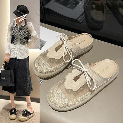 2025 Sandálias Femininas de Verão para Exterior Sola Plana Estilo Casual Palha Trançada Meio Chinelos Sapatos de Malha da Moda