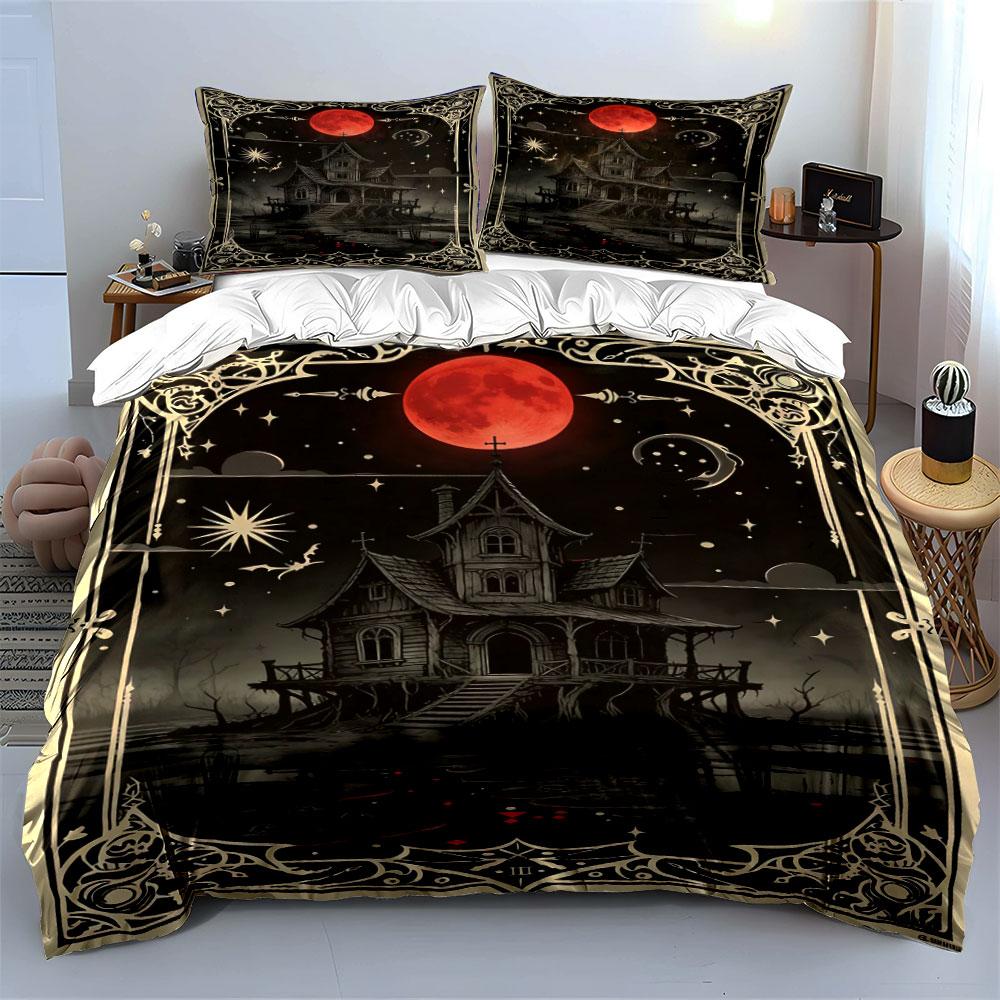 Haunted House, Red Moon. Bedding Sets Duvet Cover Sets Duvet Covers Pillowcases(1 * Duvet Cover 2 * Pillowcases Without Duvet Insert)