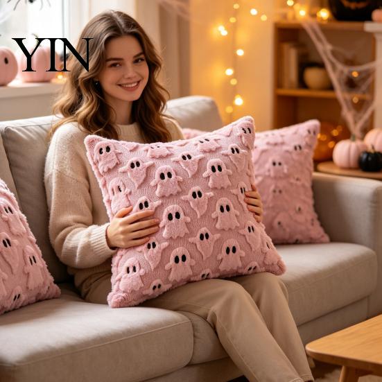 Decorative Ghost Throw Pillowcase 2Pcs Halloween Cushion Covers, Plush Pillow 18x18 Covers for Office Inch Cases Sofa Bed Couch Chair Washable Holiday