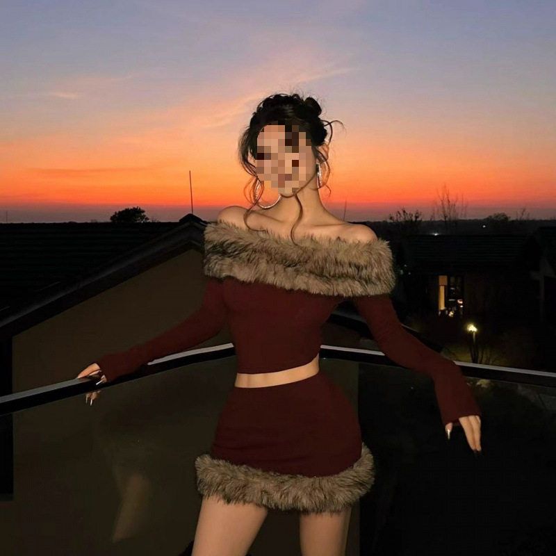 Hot Girl Style Knitted Suit 2025 Autumn and Winter New Style Terry Patchwork One-Shoulder Top High-Waisted Skirt Two-Piece Suit