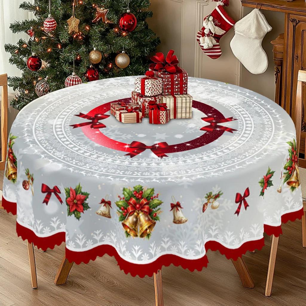 Printed Christmas Tablecloth with Flowers Bells Red Ribbons and Bow Designs for Holiday Use