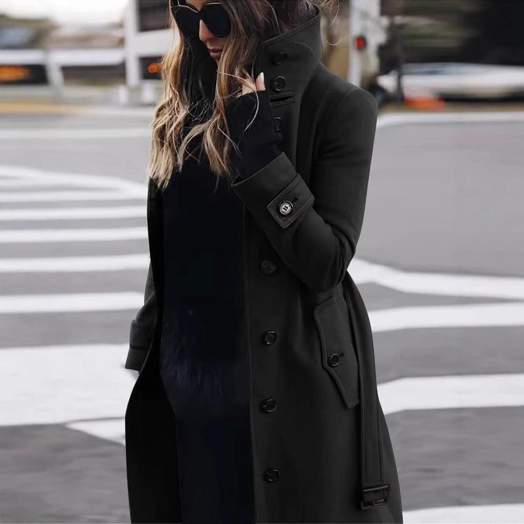 Khaki Long Trench Coat Women's Stand Collar Double Breasted Button Coat