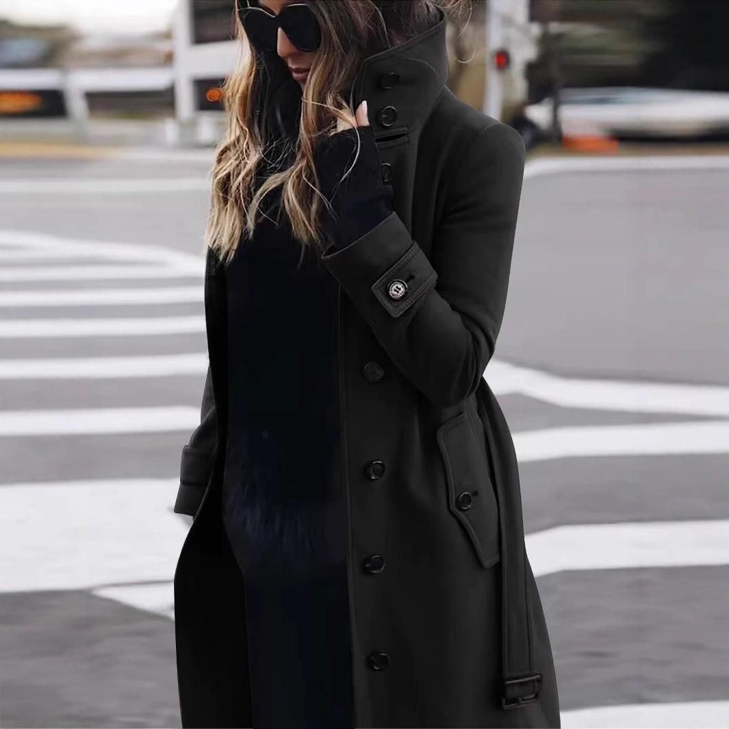 Khaki Langer Trenchcoat Damen Stehkragen Zweireihig Knopfmantel M schwarz