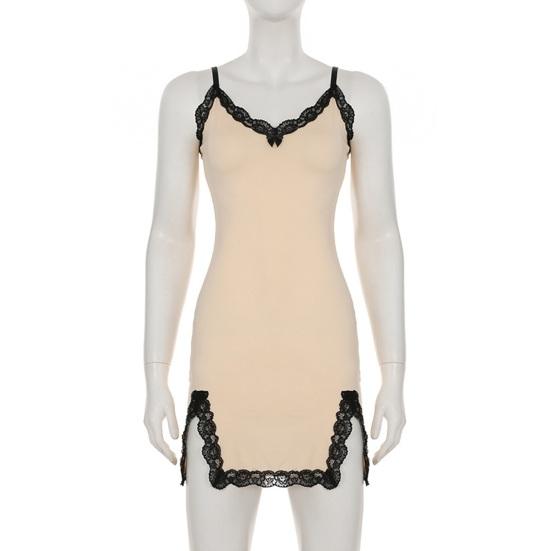 Women Nightgown V-neck Lace Trim Chemise Sleepwear Full Slip Bodycon Sleep Dress