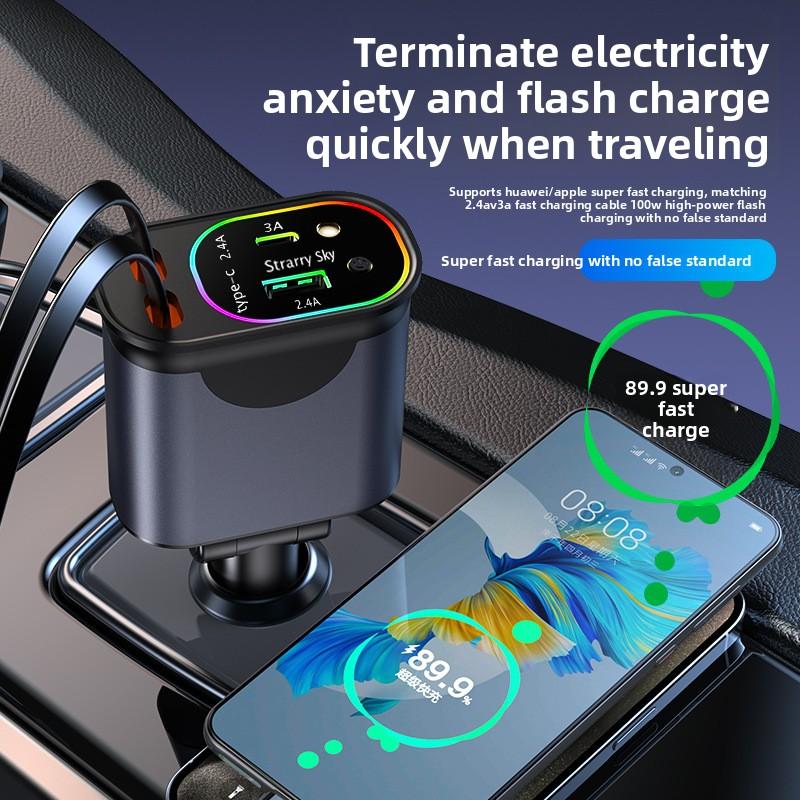 Z3 120W Retractable Car Charger Fast Charge USB+PD30W Power Adapter 4-in-1 Phone Charger w/ Roof Starlight For IOS Android Phone