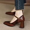 Spring Autumn French Style Women's Black Square Toe Chunky Heel Thick Sole Buckle Slip-On Pumps Vintage Sandals for Ladies