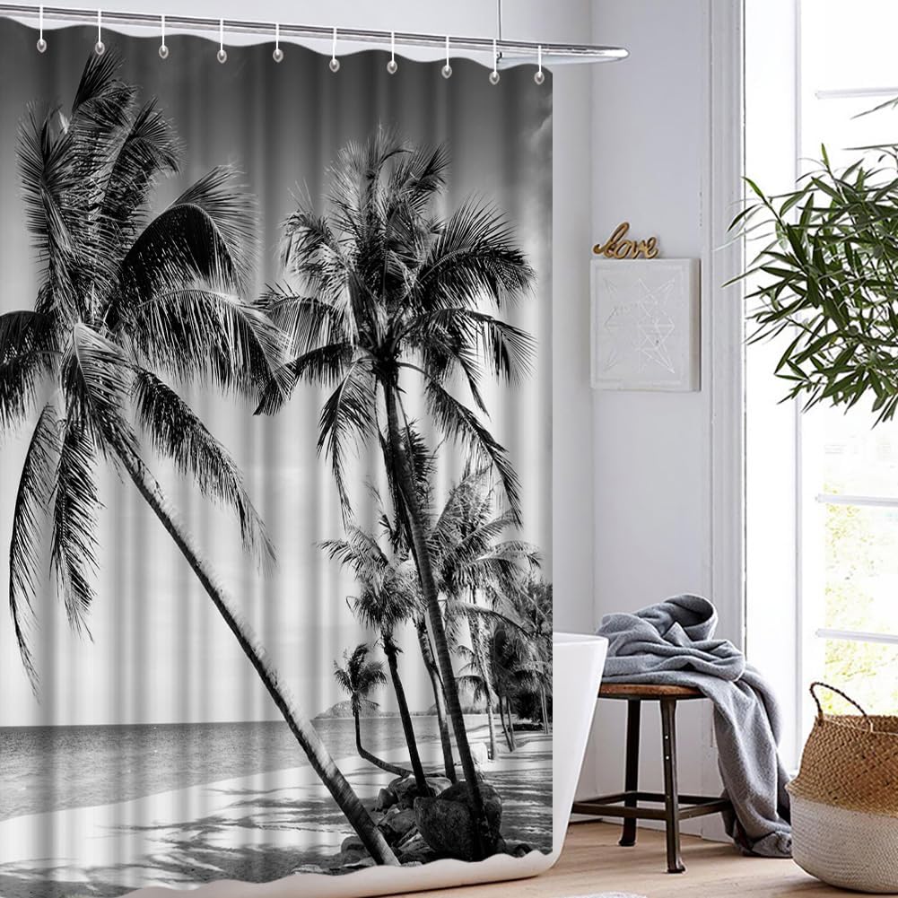 

Beach Shower Curtain for Bathroom Tropical Palm Tree Landscape Black and White Waterproof Fabric Curtain Decor with 12 Hooks 72x72 Inches