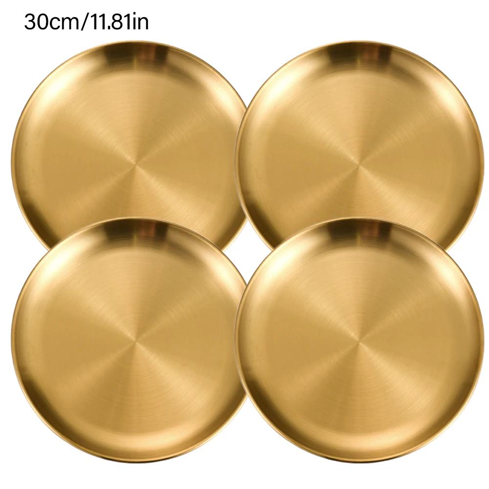 4Pcs Stainless Steel Plate Tray, Dining Tray, Steak Plate, Barbecue Plate, Korean Stainless Steel Circular Barbecue Plate