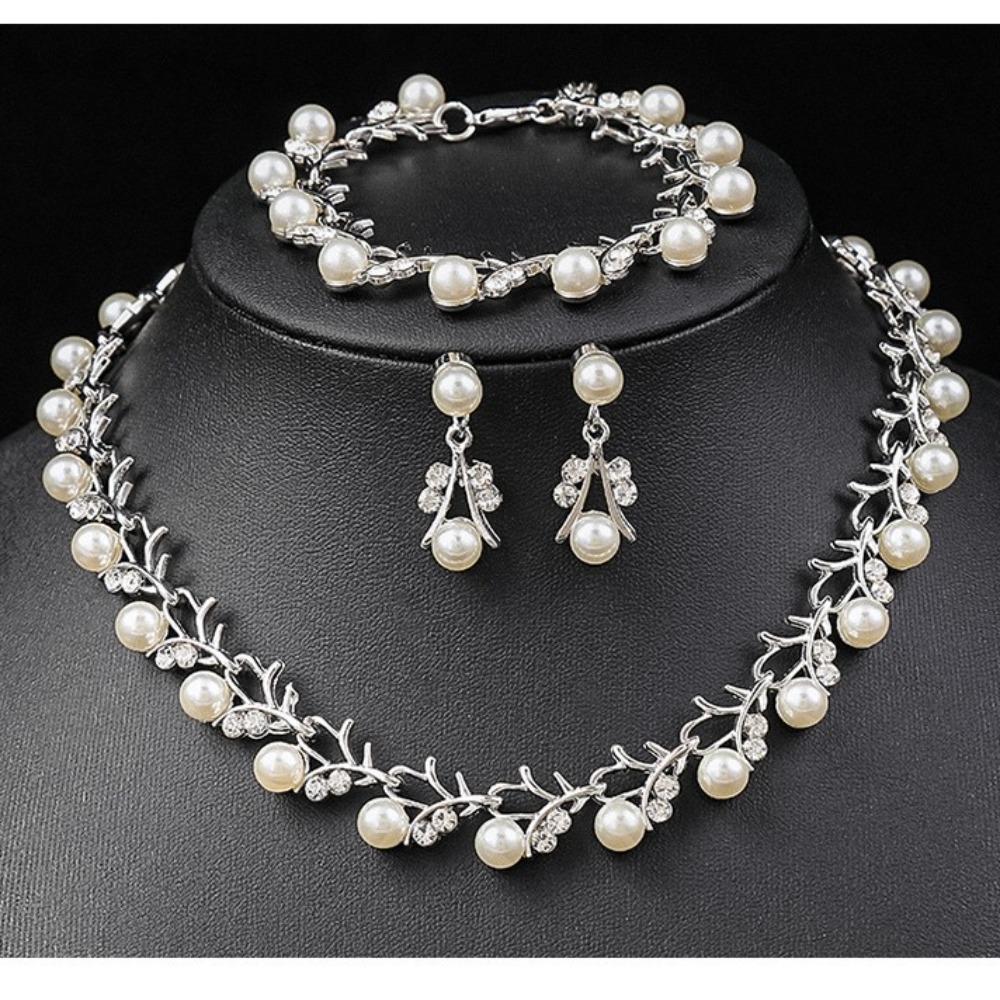 Korean Version of Pearl Necklace Earrings Set Bridal Dress Versatile Accessories Small Fresh Alloy Electroplating Three-piece Set