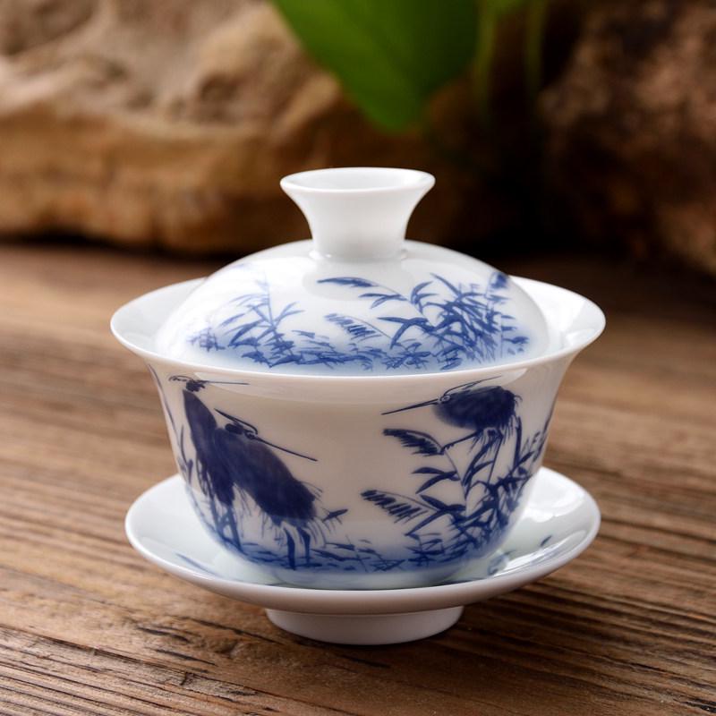 3.4-Inch Blue & White Ceramic Gaiwan Tea Set - 3-Piece, 100ml Capacity