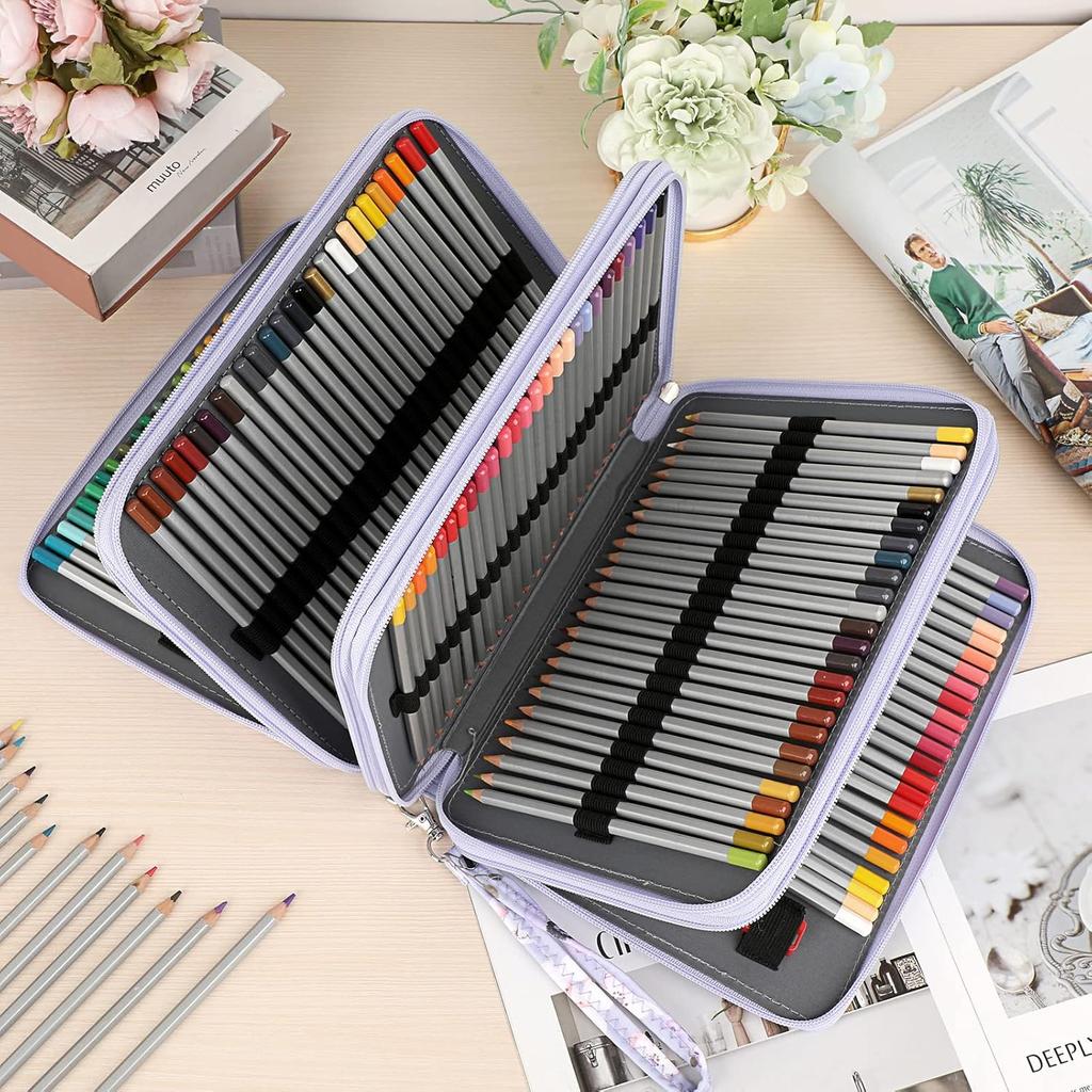 BTSKY Colored Pencil Case- 200 Slots Pencil Holder Pen Bag Large Capacity Pencil Organizer with Handle Strap Handy Colored Pencil Box with Printing