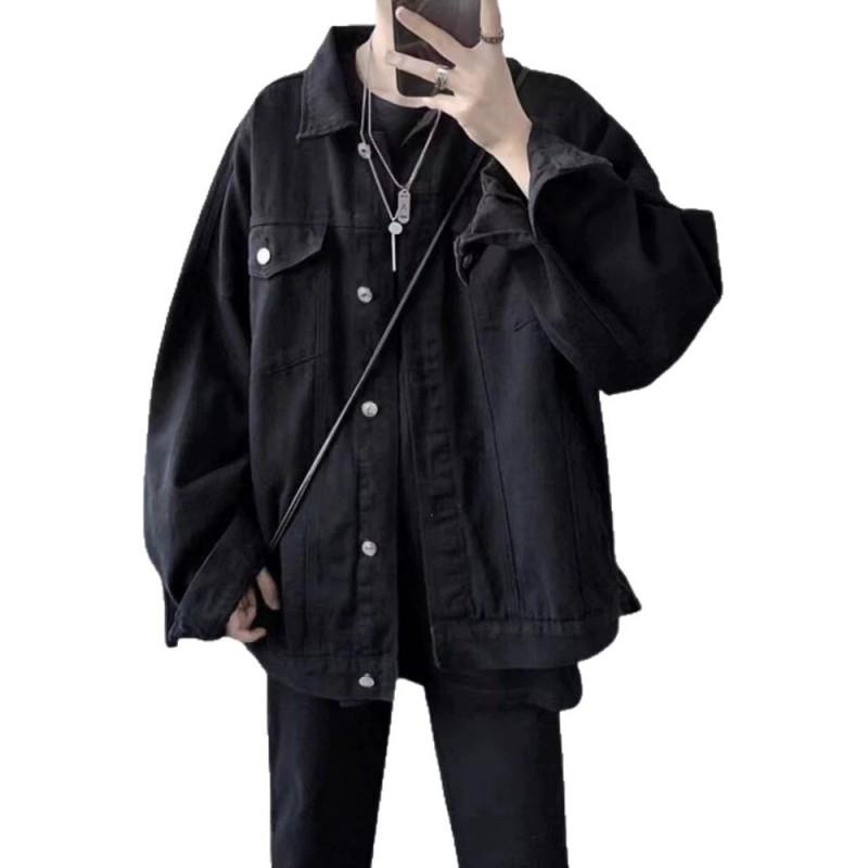 Unisex Black Denim Jacket Oversized Loose Fit Workwear Style Short Cropped Biker Chic Outerwear Casual