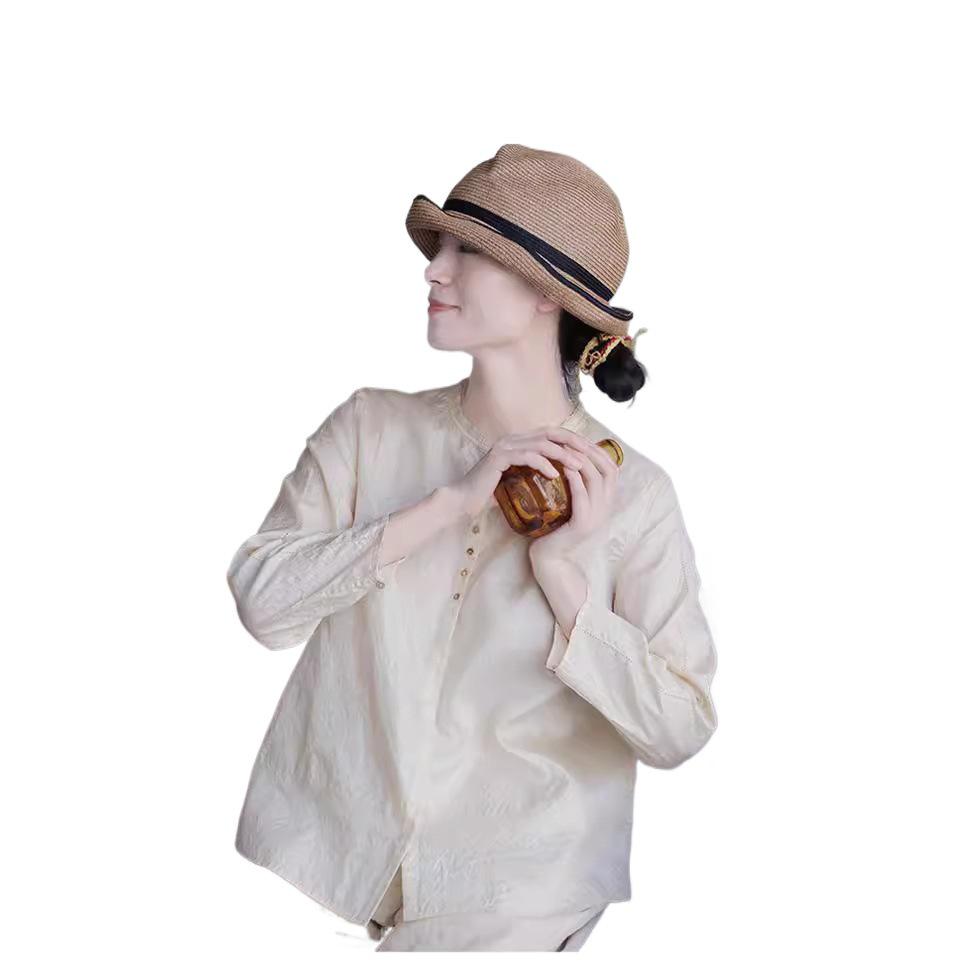 Autumn 2021 Retro Chinese Style Tussah Mulberry Silk Stand Collar Loose Long Sleeve Casual Women's Shirt