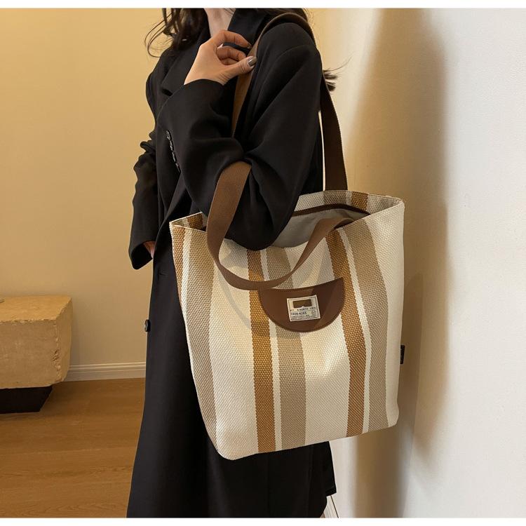 Striped Canvas Bag Women's New Summer Casual Lightweight Shoulder Bag Large Capacity Tote Bag Shopping Bag