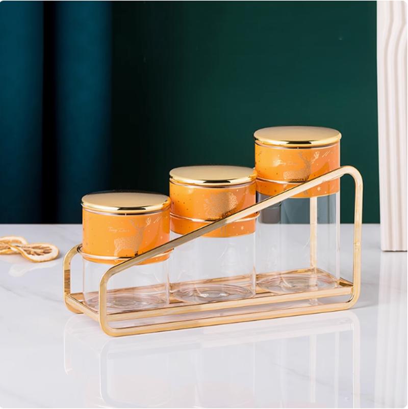 Food Storage Container, Glass Sealed Jar with Lid, Kitchen Storage Bottle, Household Moisture-proof Tea Can, Metal Rack