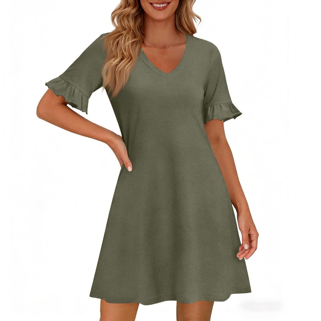 Women A Line Sun Dress Short Sleeve V Neck Dress With Pockets