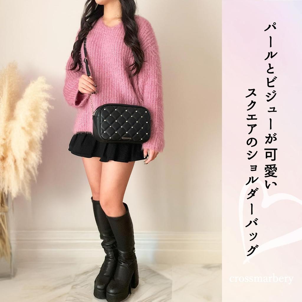 Crossmarberry Women's Quilted Shoulder Bag, Stylish, Crossbody, Beaded, Black, Small, Cute, Mass-Produced, Harajuku, Lolita Style, Dark and Cute, R77