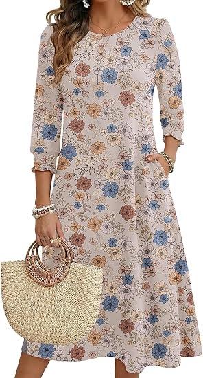 Women's Summer, Pocket Seven-Sleeve Floral Medium and Long Casual Dress
