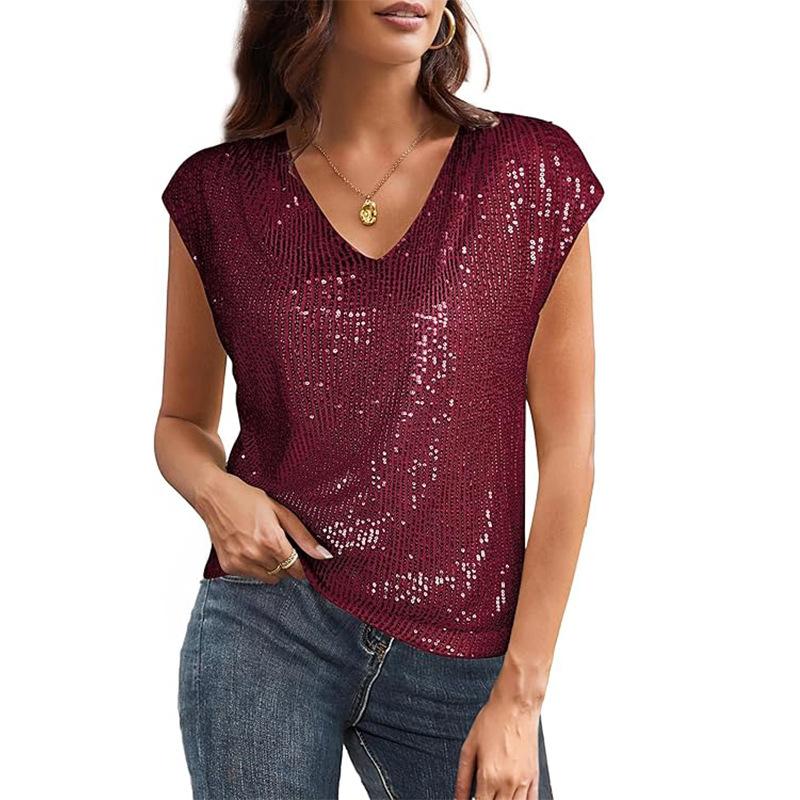 Sommer Neuer Stil Damen V-Ausschnitt Pailletten Ärmellos Modisch Lässig Glänzend Party Hemd