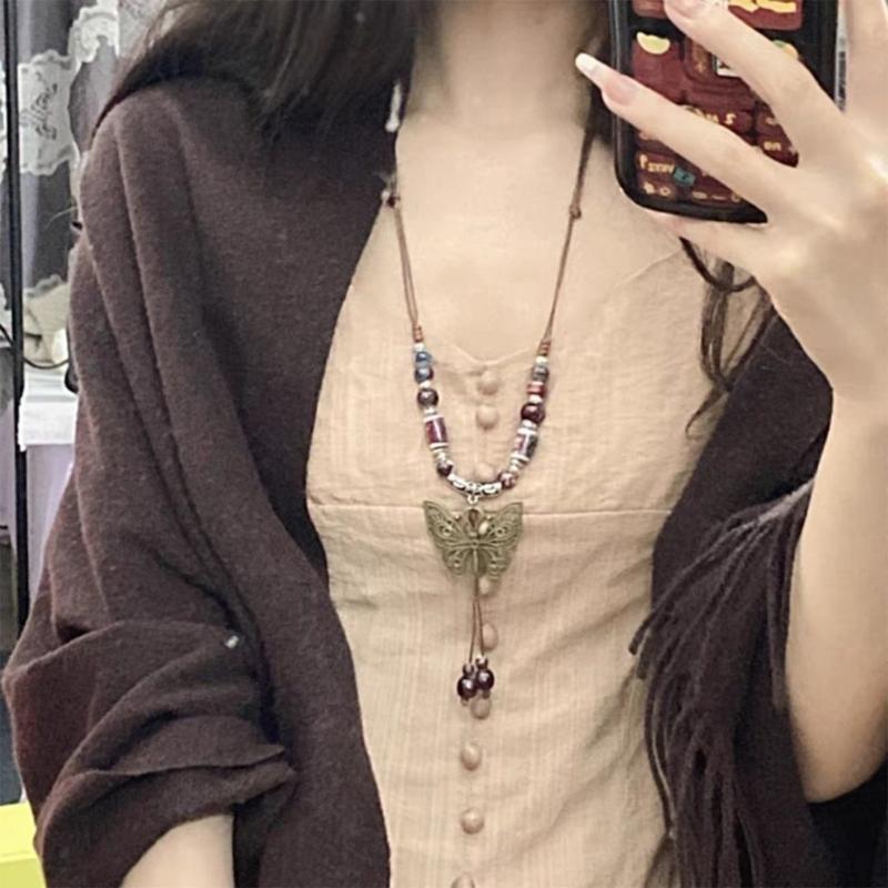 Handwoven Ceramic Butterfly Pendant Jewelry Bohemian Necklace Adjustable 80cm Wax Cord Lightweight Women Accessory