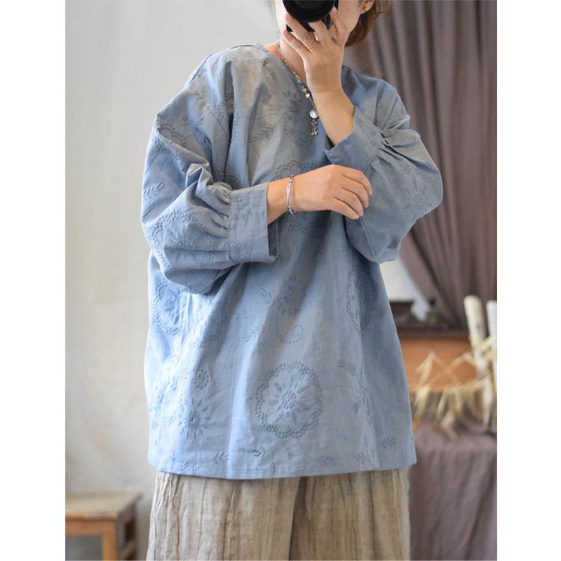 

Johnature Женская весенняя стирка с вышивкой, винтажная свободная повседневная рубашка в китайском стиле с длинными рукавами и рукавами принцессы One Size светло-синий