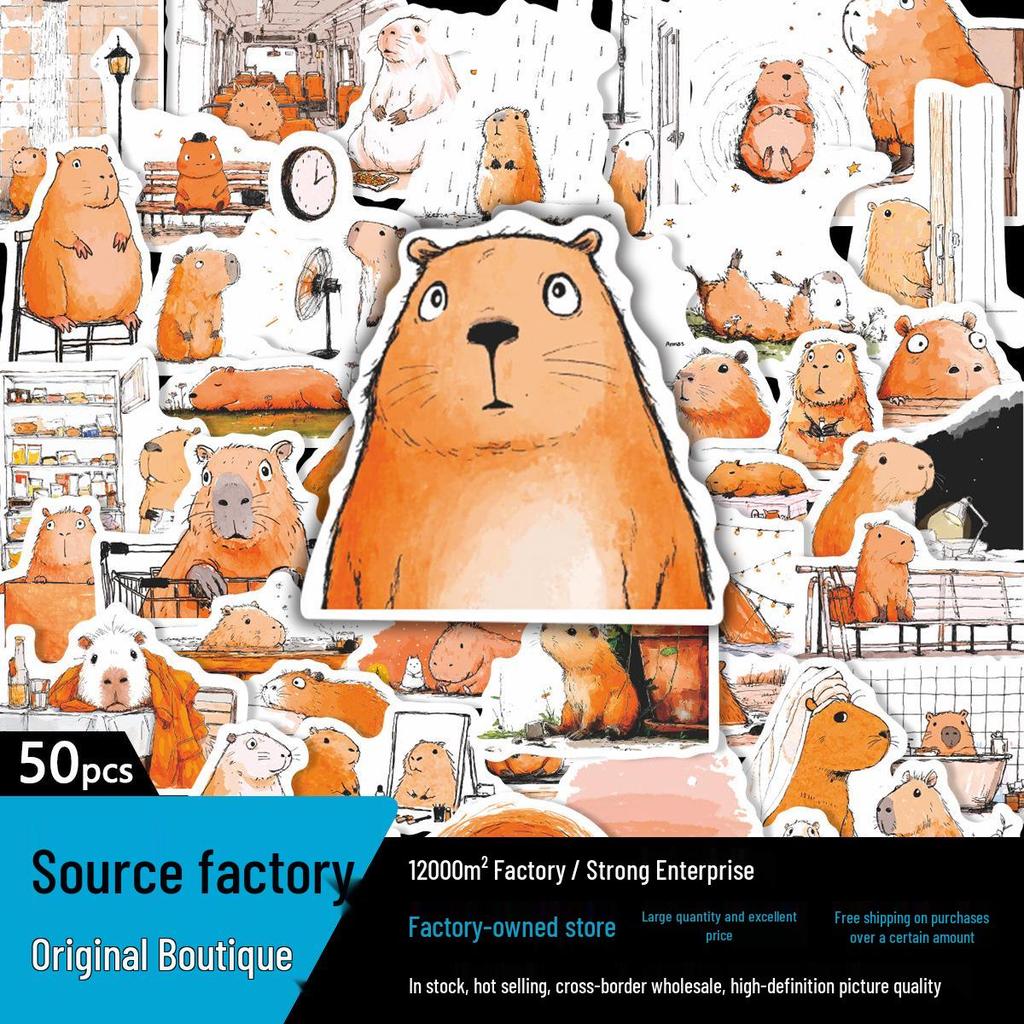 50 Healing Hand-painted Capybara Sticker Sheets: Cute Cartoon Decorations for Journals and Notebooks