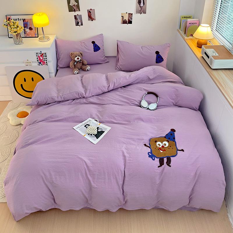 Ultra-soft Pure Cotton Four-piece Set Solid Color Soft and Comfortable Embroidered Four-piece Set Cartoon Skin-friendly Breathable Bedding