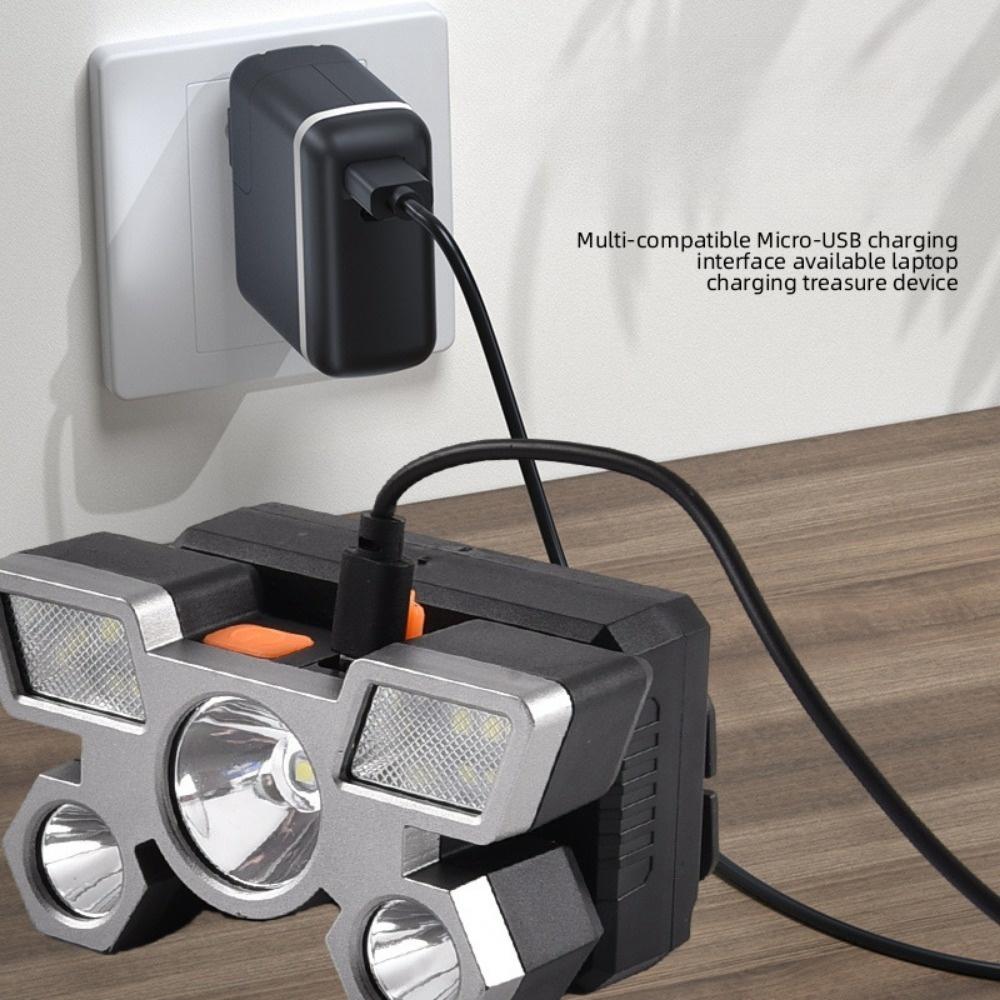 פנס ראש LED חזק חמישה ראשים טעינת USB פנס ראש קטן מותקן על הראש מנורת כרייה חיצונית