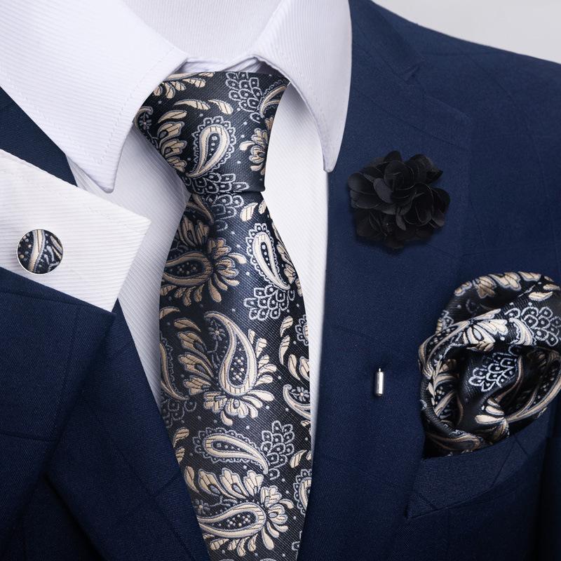 Men 8cm Wide Silk Wed Neck Tie Cufflinks Brooch Pin Handkerchief Business Wedding Party Suits Groom Accessories Gift