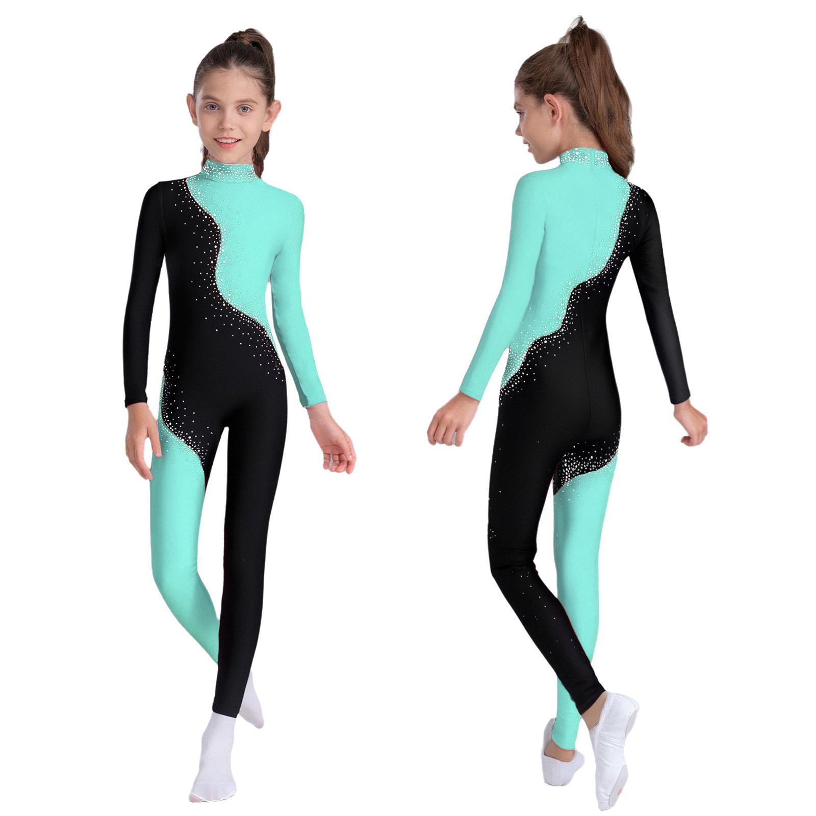 

Дитячий гімнастичний купальник з блискучими стразами, кольоровим блокуванням, коміром-стійкою, довгим рукавом та блискавкою на спині 5-6 Years світло-зелений колір