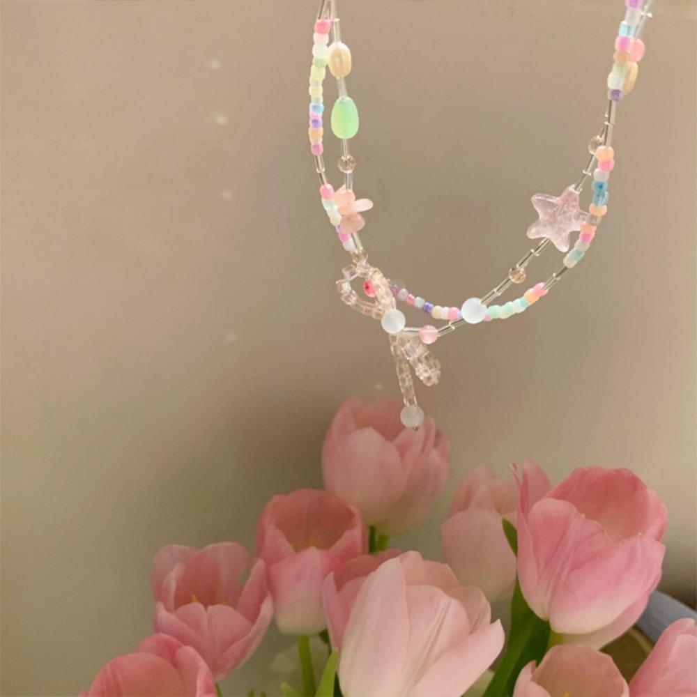 

Circle Flower Color Beaded Korean Style Jewelry Women Bow Choker Crystal Necklace Beach Pendant