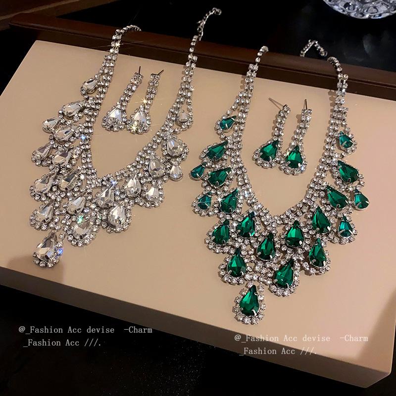 French light luxury water drop diamond stud earrings necklace set niche versatile collarbone chain temperament fashion high-end jewelry