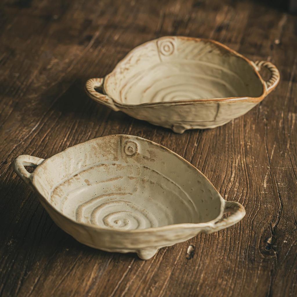 Handcrafted Double-Ear Coarse Pottery Bowl: Elegant Tableware for Salads, Fruits, and More