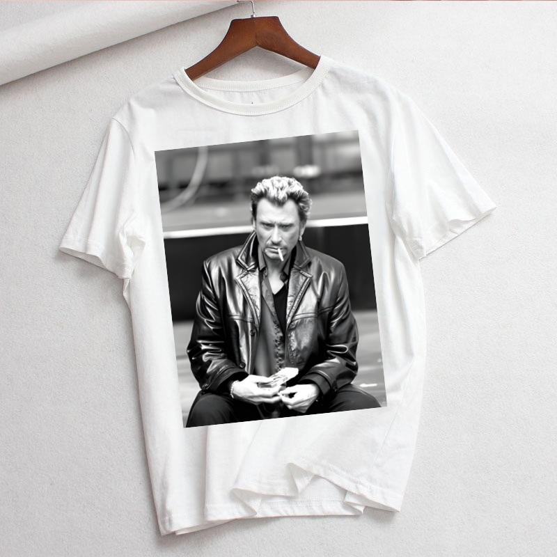 Johnny Hallyday Print T Shirt Women White and Black Shirts Fashion Round Neck Short Sleeve Cotton TShirt