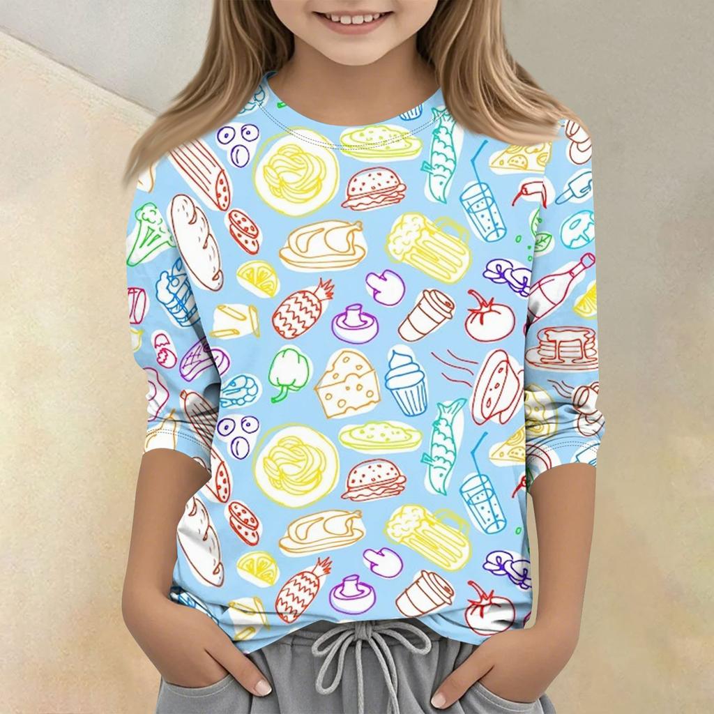 T-shirt décontracté pour enfant à col rond, manches sept-quarts, imprimé