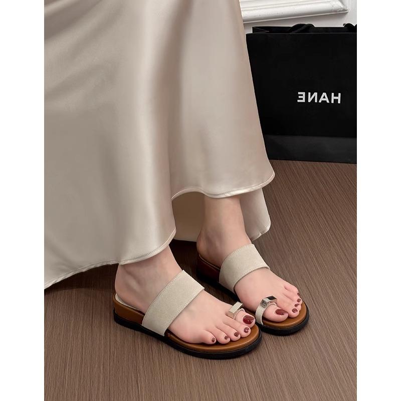 Sheepskin version~ Genuine leather thick bottom height increase 4CM one-word with set toe slippers women wear beach casual cool slippers