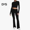 2 Pcs/Set Women Top Pants Suit Skinny High Waist O Neck Long Sleeves Pure Color Stretchy Soft Breathable Yoga Bell Bottoms T-shirt Set Spring Summer