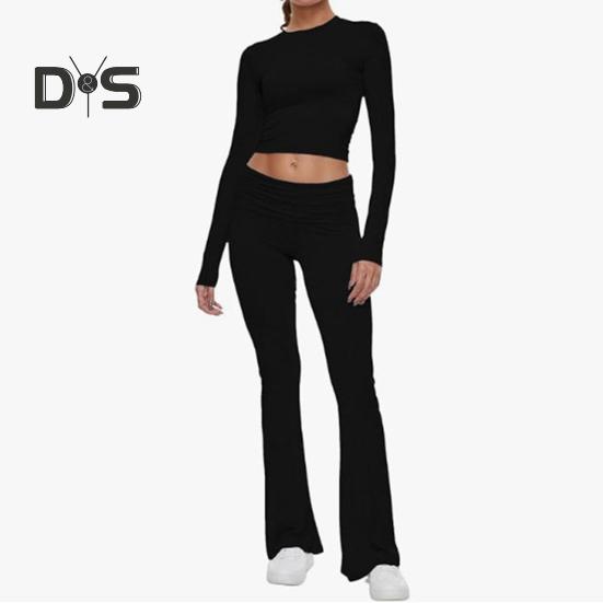 2 Pcs/Set Women Top Pants Suit Skinny High Waist O Neck Long Sleeves Pure Color Stretchy Soft Breathable Yoga Bell Bottoms T-shirt Set Spring Summer