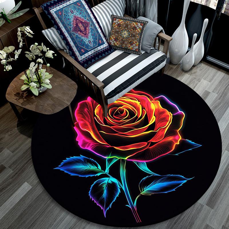 Rainbow Rose Round Area Rug,Carpet Rug for Living Room Bedroom Sofa Playroom Decor,Non-slip Floor Mat