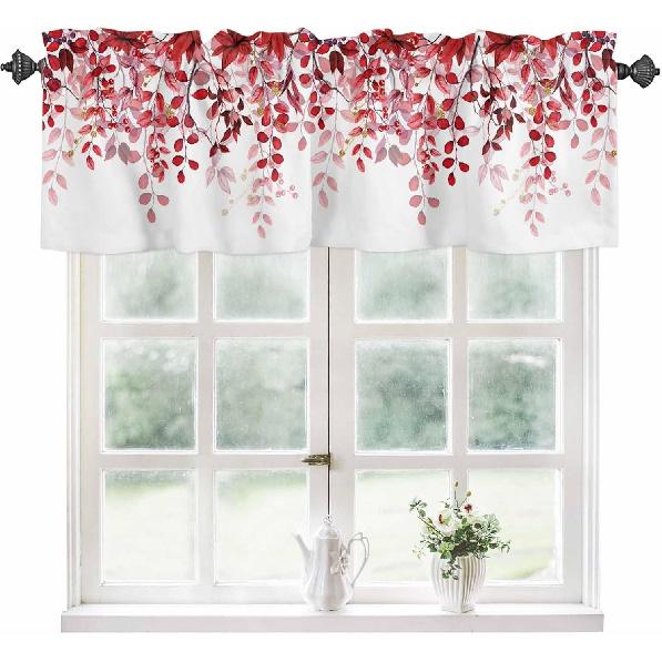 Sage Red Eucalyptus Leaves Valance Curtains for Windows, Watercolor Window Valance Curtains for Bathroom Privacy Protection Rod Pocket Botanical